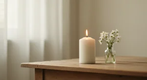 A single lit candle beside a small vase of white flowers on a wooden table in soft window light