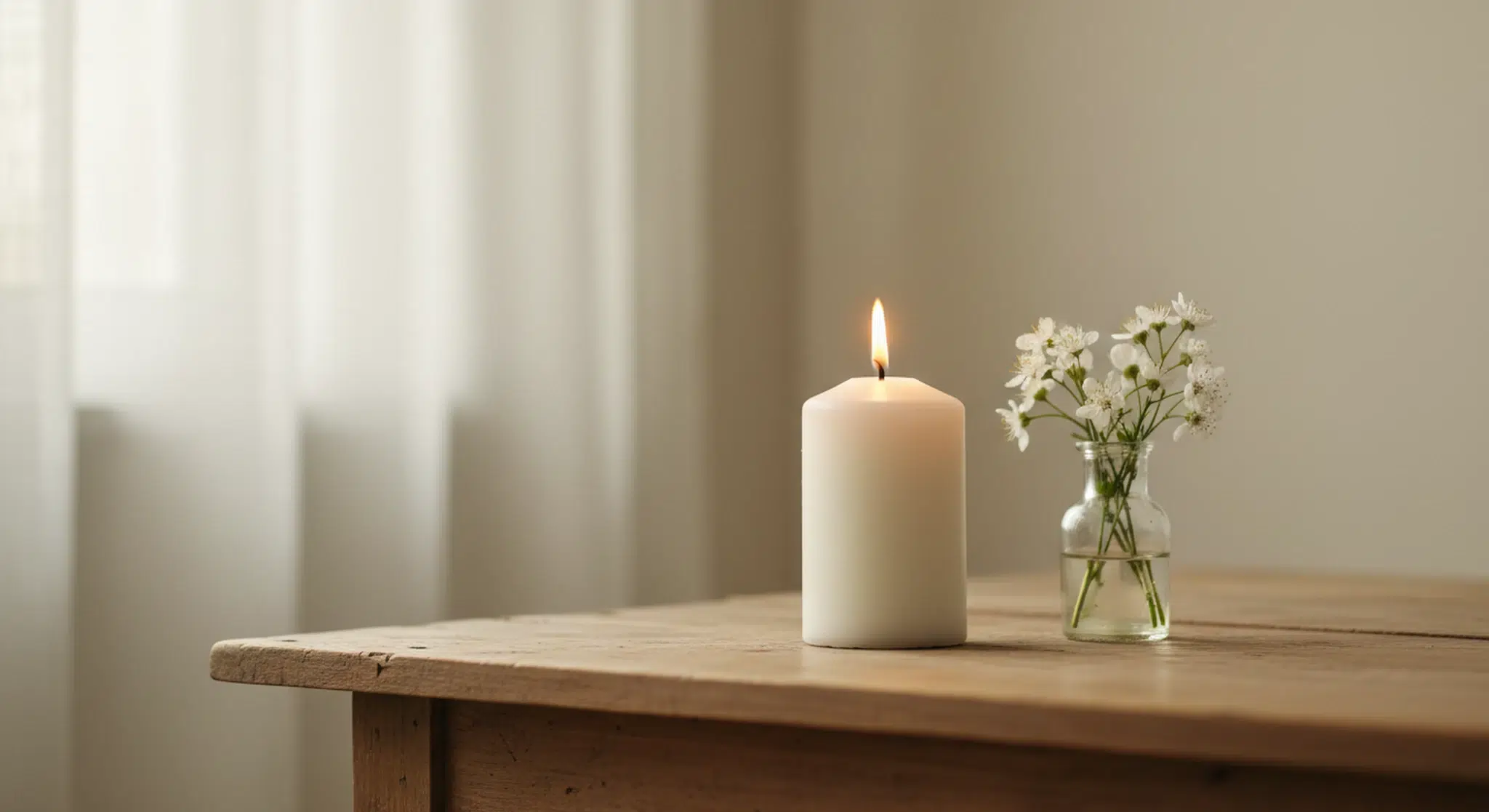 A single lit candle beside a small vase of white flowers on a wooden table in soft window light