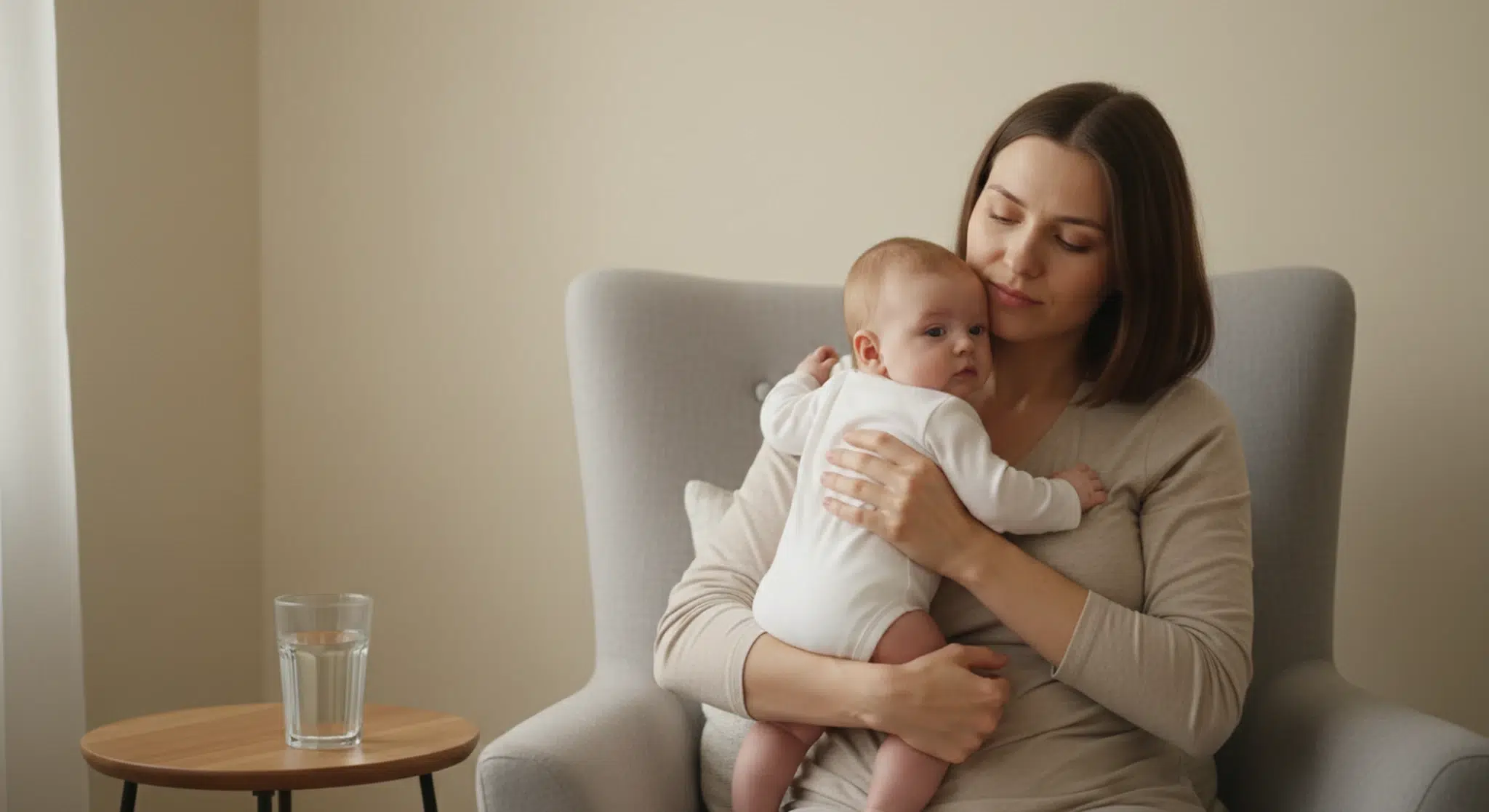 Mastitis Symptoms Early Signs Treatment and when to Call Your Doctor | Betteroo Mother in a long-sleeve top sitting in an armchair holding her awake baby against her shoulder in soft window light