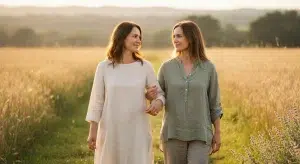 Two adult sisters walking side by side on a quiet country path at golden hour, arms linked