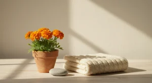 Small terracotta pot with orange marigolds, a folded cream knit baby blanket and a smooth river stone on a sunlit wooden table