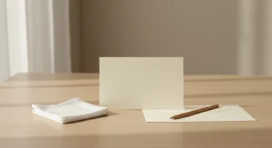 Blank cream card and envelope with a pencil and a small folded muslin cloth on a pale wooden table