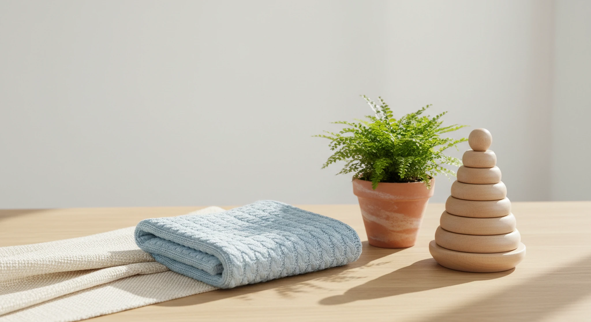 Middle Names for Boys 150 Classic Short and Unique Picks with Meanings | Betteroo A folded light-blue knit baby blanket, a small potted fern and a wooden stacking toy on a light oak table in soft daylight
