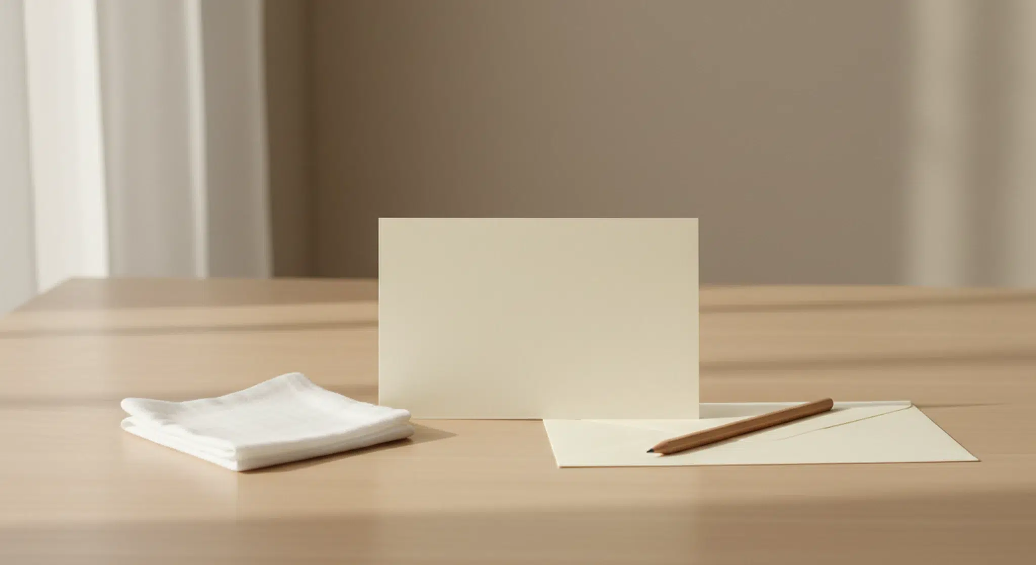 Blank cream card and envelope with a pencil and a small folded muslin cloth on a pale wooden table