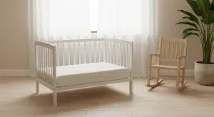 A bare white mini crib with a fitted white sheet in a small sunny nursery corner beside a rocking chair and a plant