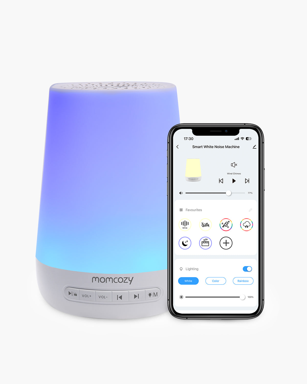 Momcozy Smart Baby Sound Machine with night light, shown next to a phone running its app
