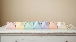 Seven tiny folded baby onesies in soft pastel colors lined up in a row on a white wooden dresser in morning light
