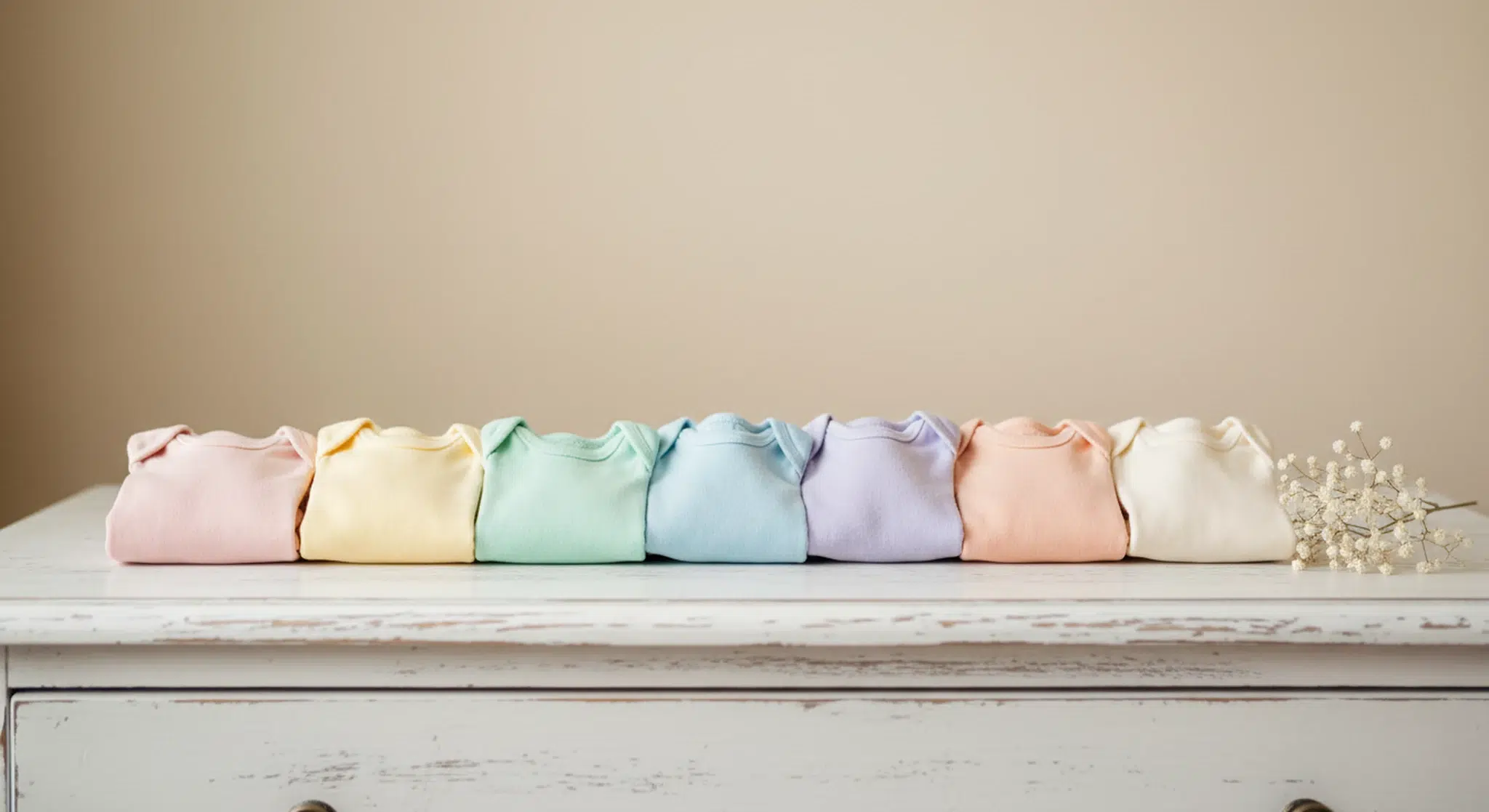Mondays Child Poem Full Rhyme Meaning for Every Day and New Verses | Betteroo Seven tiny folded baby onesies in soft pastel colors lined up in a row on a white wooden dresser in morning light