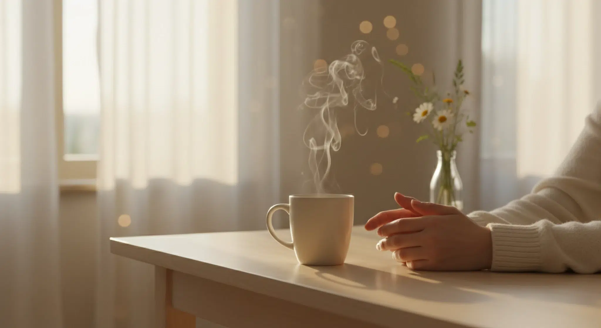 Folded hands resting beside a steaming mug on a wooden table in soft early morning window light