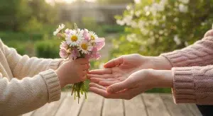 A small child's hand holding out a bouquet of fresh spring wildflowers toward their mother's hands in soft morning light