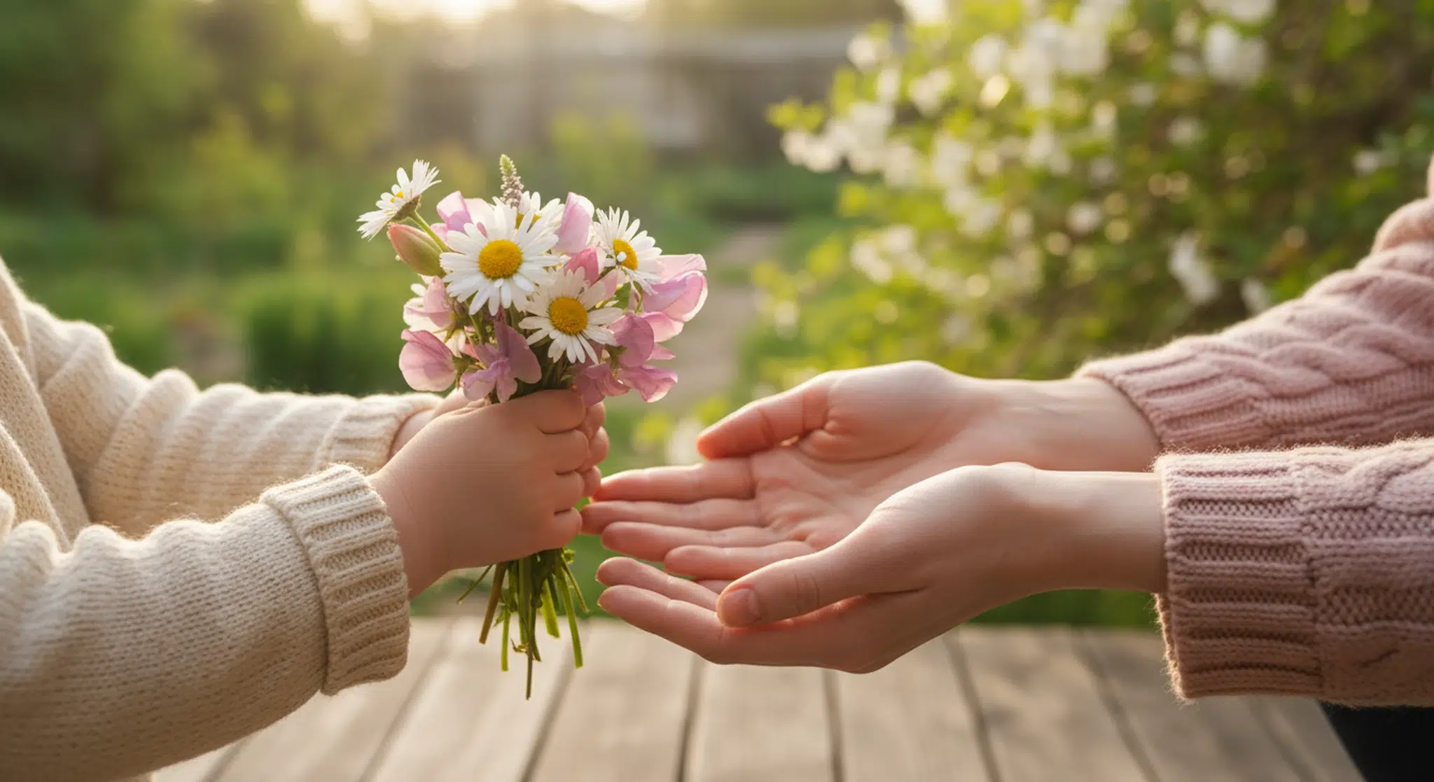 A small child's hand holding out a bouquet of fresh spring wildflowers toward their mother's hands in soft morning light