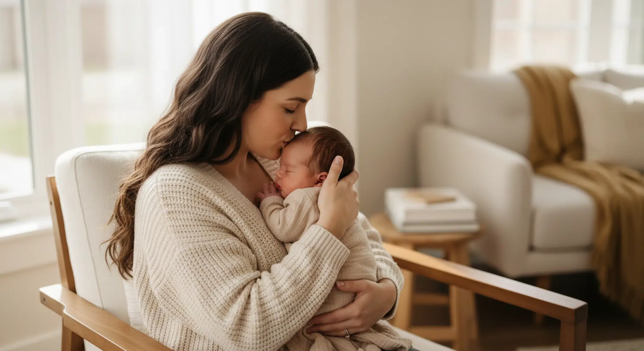 A mother gently kissing the forehead of her sleeping baby held against her chest in soft window light