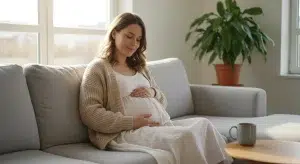 Calm pregnant woman in a knit cardigan sitting on a sofa by a window with one hand resting on her belly