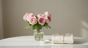 Pink roses in a clear glass vase on a white table, with a cream knit sweater nearby.
