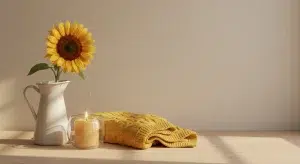 A lit beeswax candle in a glass holder, a sunflower in a white jug and a folded yellow knit baby blanket on a sunny wooden windowsill