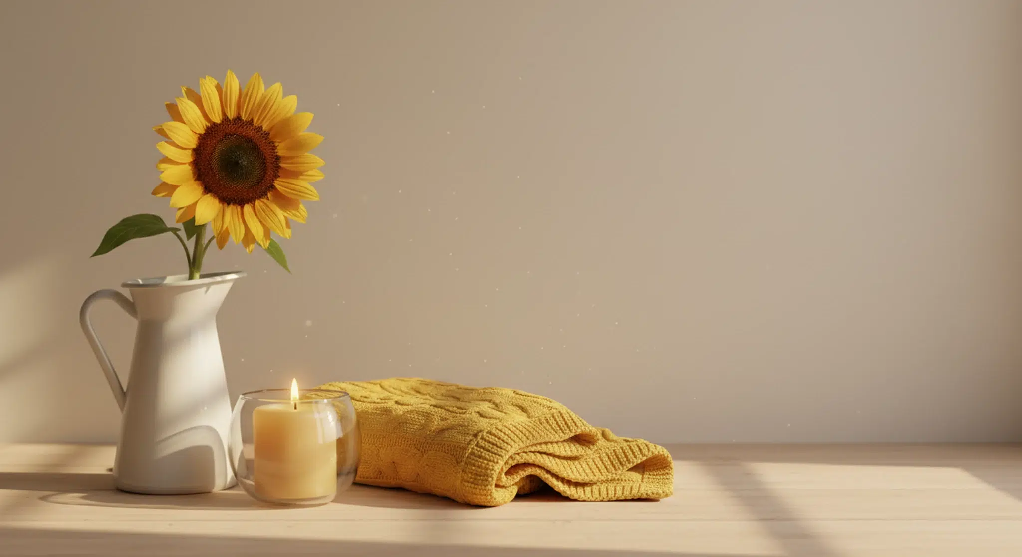 A lit beeswax candle in a glass holder, a sunflower in a white jug and a folded yellow knit baby blanket on a sunny wooden windowsill