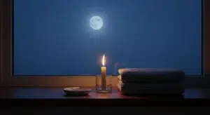 A white crescent-shaped dish, a lit candle and a folded gray knit baby blanket on a dark wood windowsill with a full moon behind the glass
