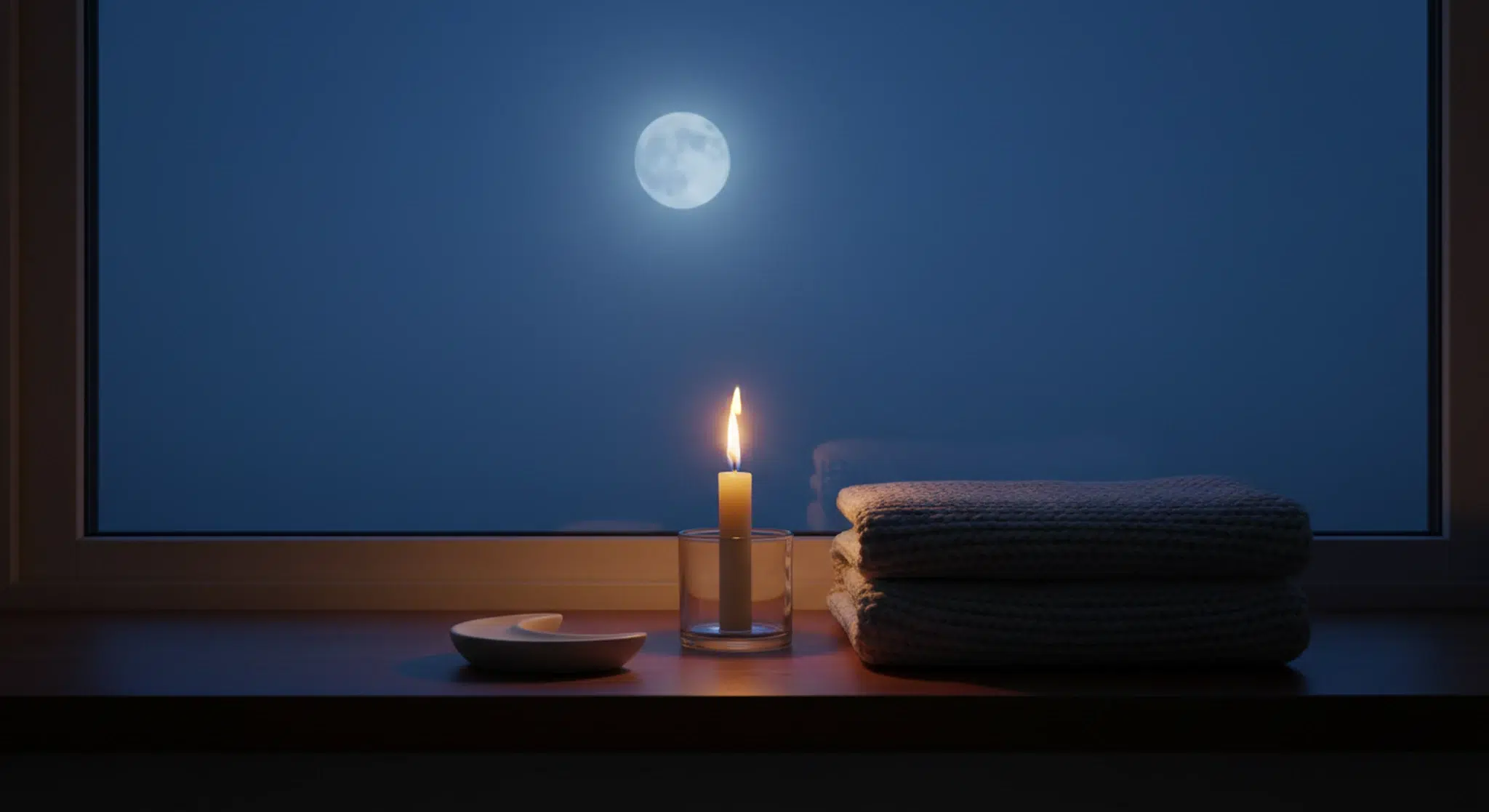 A white crescent-shaped dish, a lit candle and a folded gray knit baby blanket on a dark wood windowsill with a full moon behind the glass