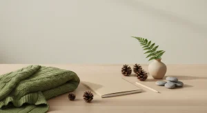 Blank kraft-paper notebook, pencil, pinecones, river stones, a fern in a clay vase and a folded moss-green knit baby blanket on a light oak table