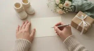 Hands writing in a blank greeting card on a wooden table beside knitted baby booties, a small wrapped gift, and flowers