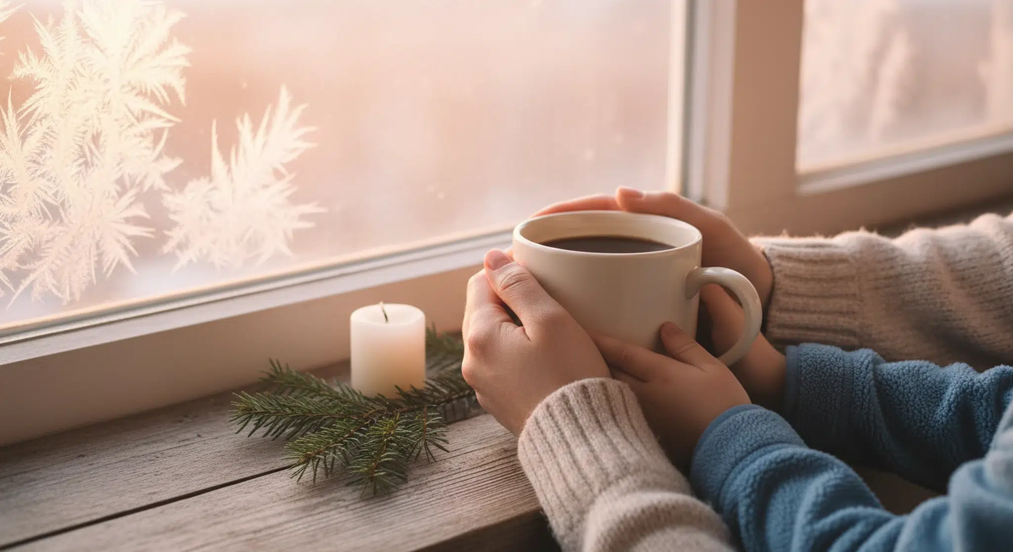 A parent and child's hands holding a warm mug together by a frosty window at sunrise