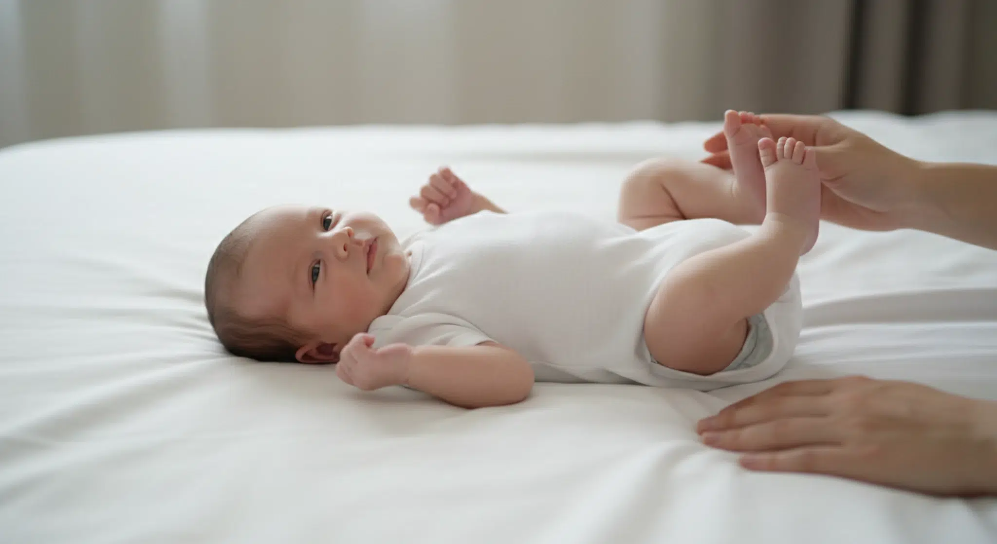 An awake newborn lying on their back on a white blanket with legs drawn up in a curled posture while a parent's hands rest nearby