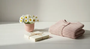 Blank cream cards tied with twine, a pink cup of daisies and a folded blush knit baby cardigan on a white wooden table