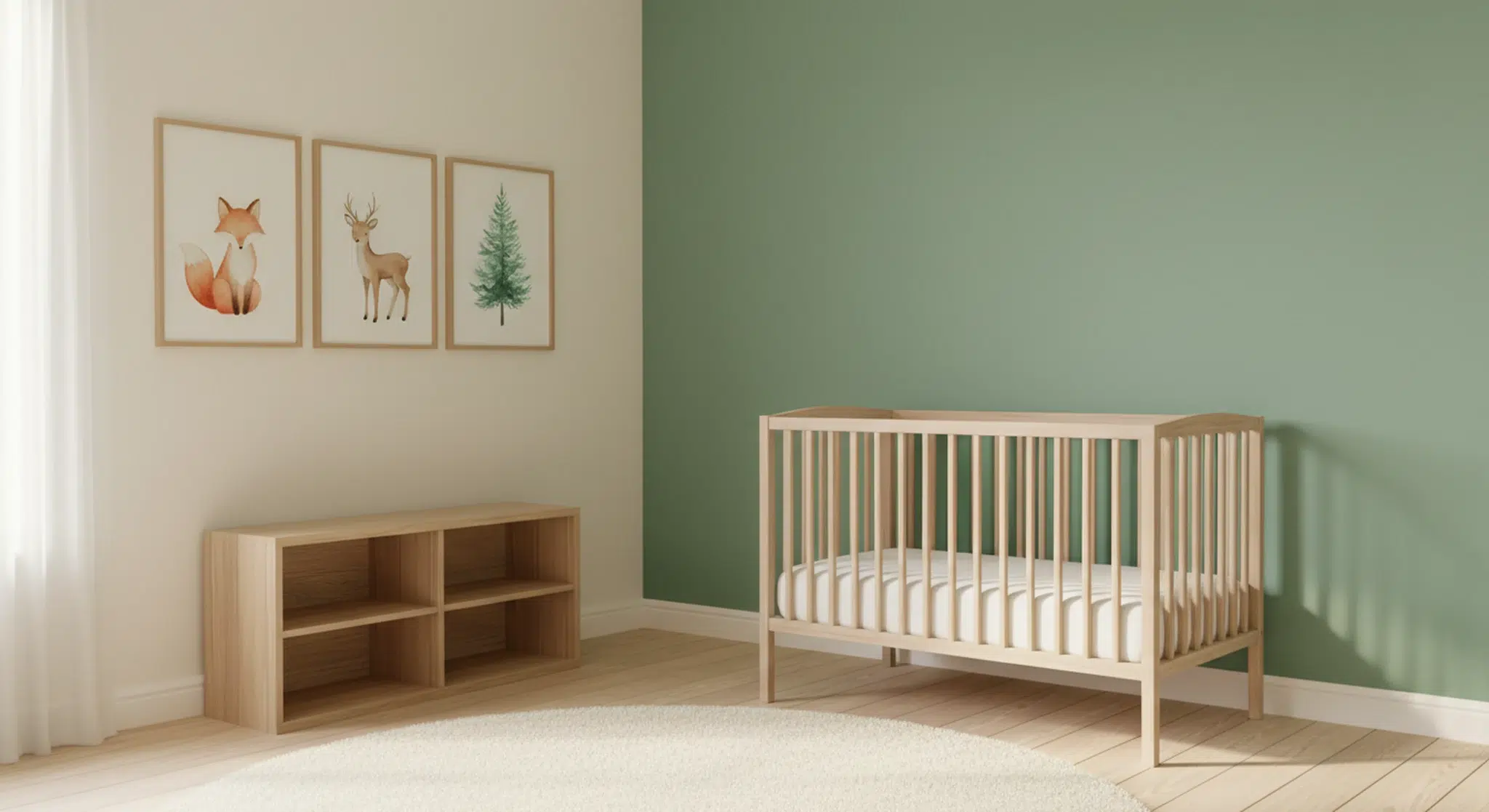 Nursery with a light wood crib against a green wall, three framed woodland animal prints, and a matching storage shelf.