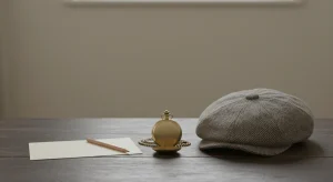 Vintage pocket watch, folded tweed flat cap and a blank cream notecard on a dark wooden desk in soft window light
