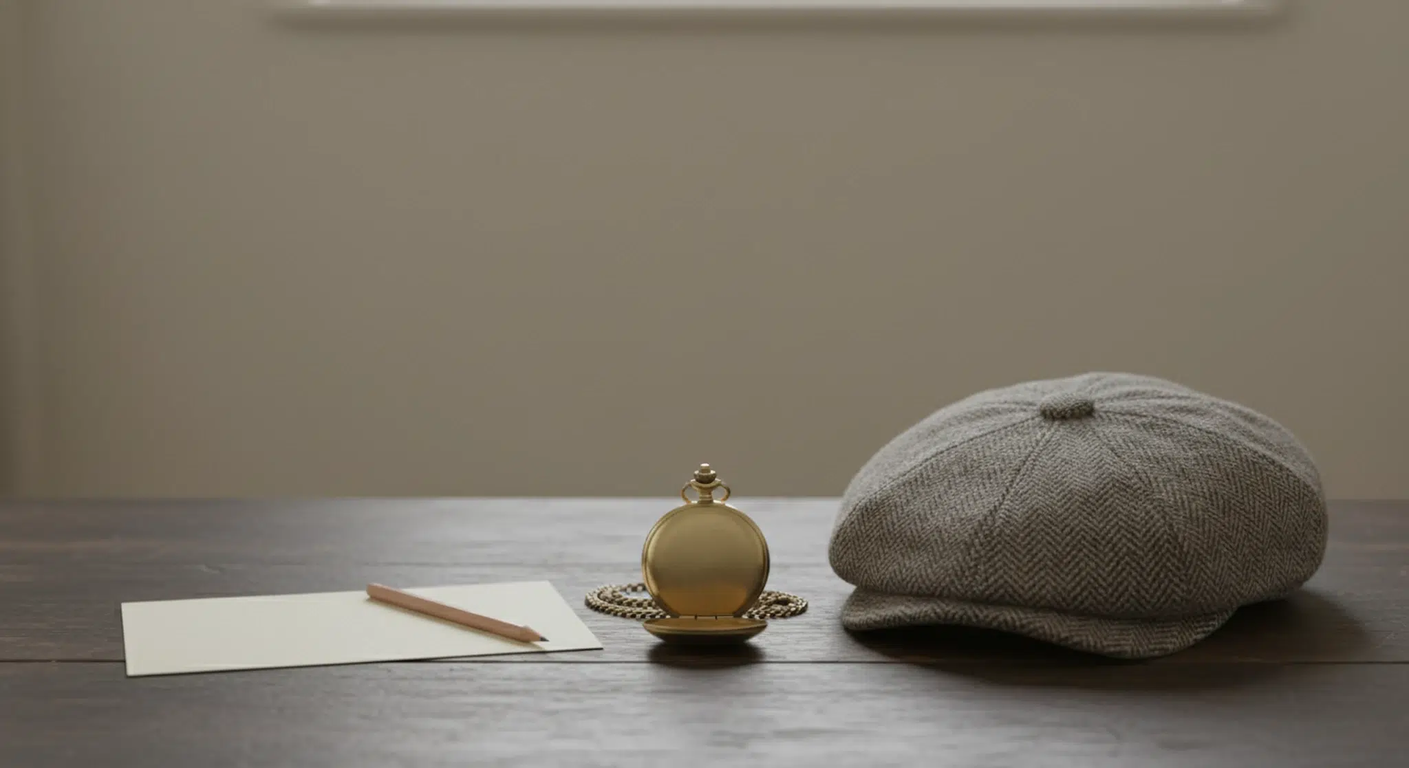 Vintage pocket watch, folded tweed flat cap and a blank cream notecard on a dark wooden desk in soft window light