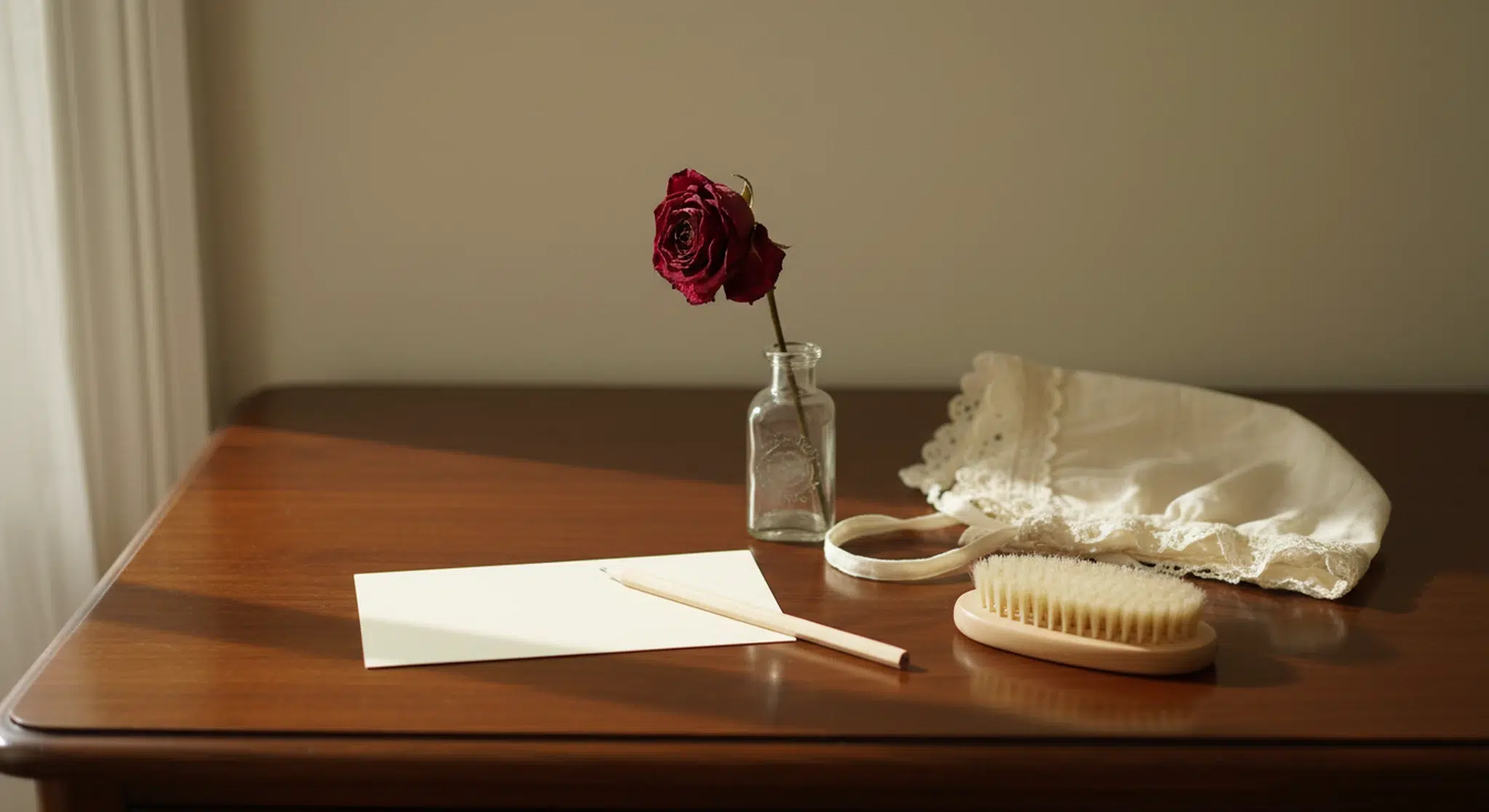 Blank cream notecard, pencil, dried rose in a small glass bottle, lace baby bonnet and wooden hairbrush on an antique walnut dresser