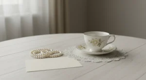 Vintage teacup, a string of pearls and a blank cream notecard on a lace doily