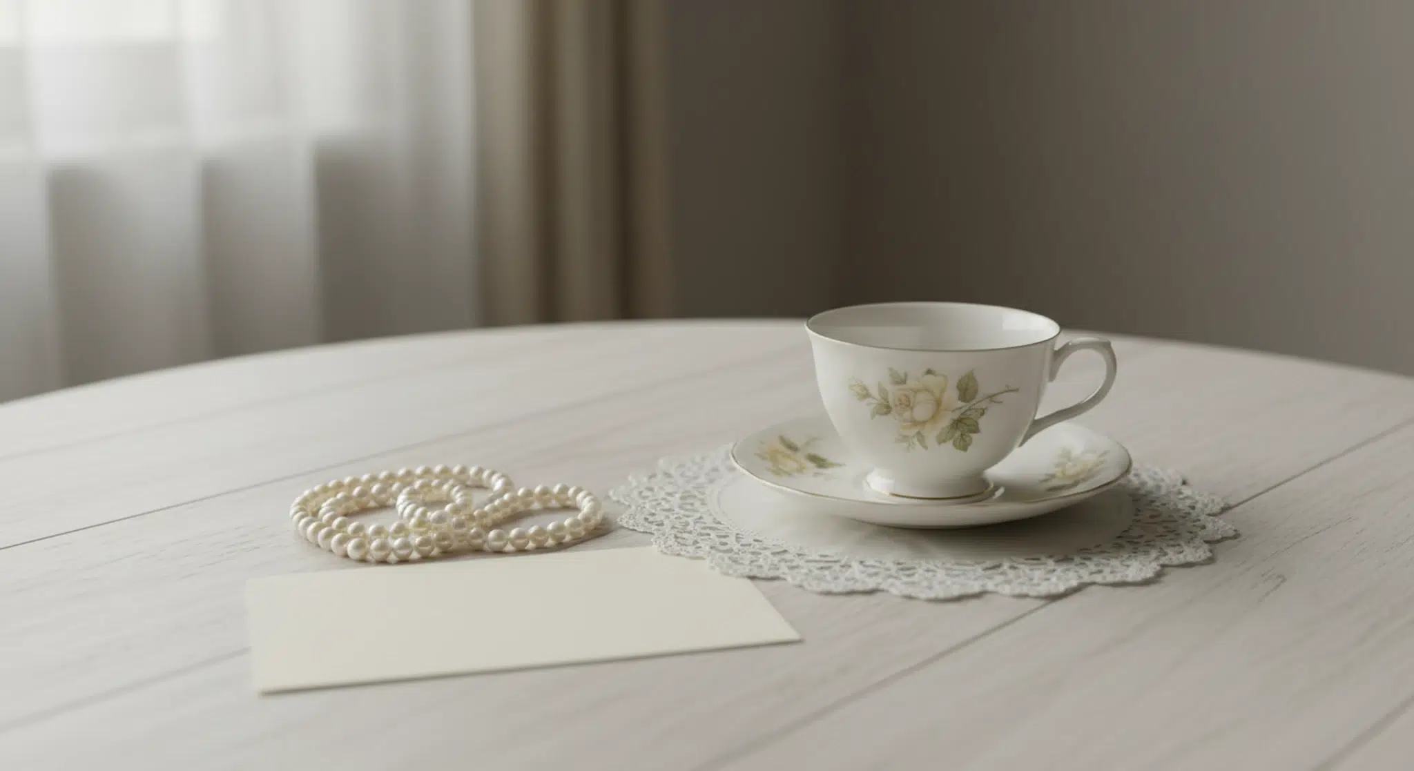 Vintage teacup, a string of pearls and a blank cream notecard on a lace doily