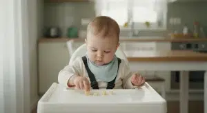 Pincer Grasp when Babies Develop It Stages by Age and 15 Activities to Practice | Betteroo Baby seated in a white high chair at a kitchen table, playing with small wooden blocks on the tray