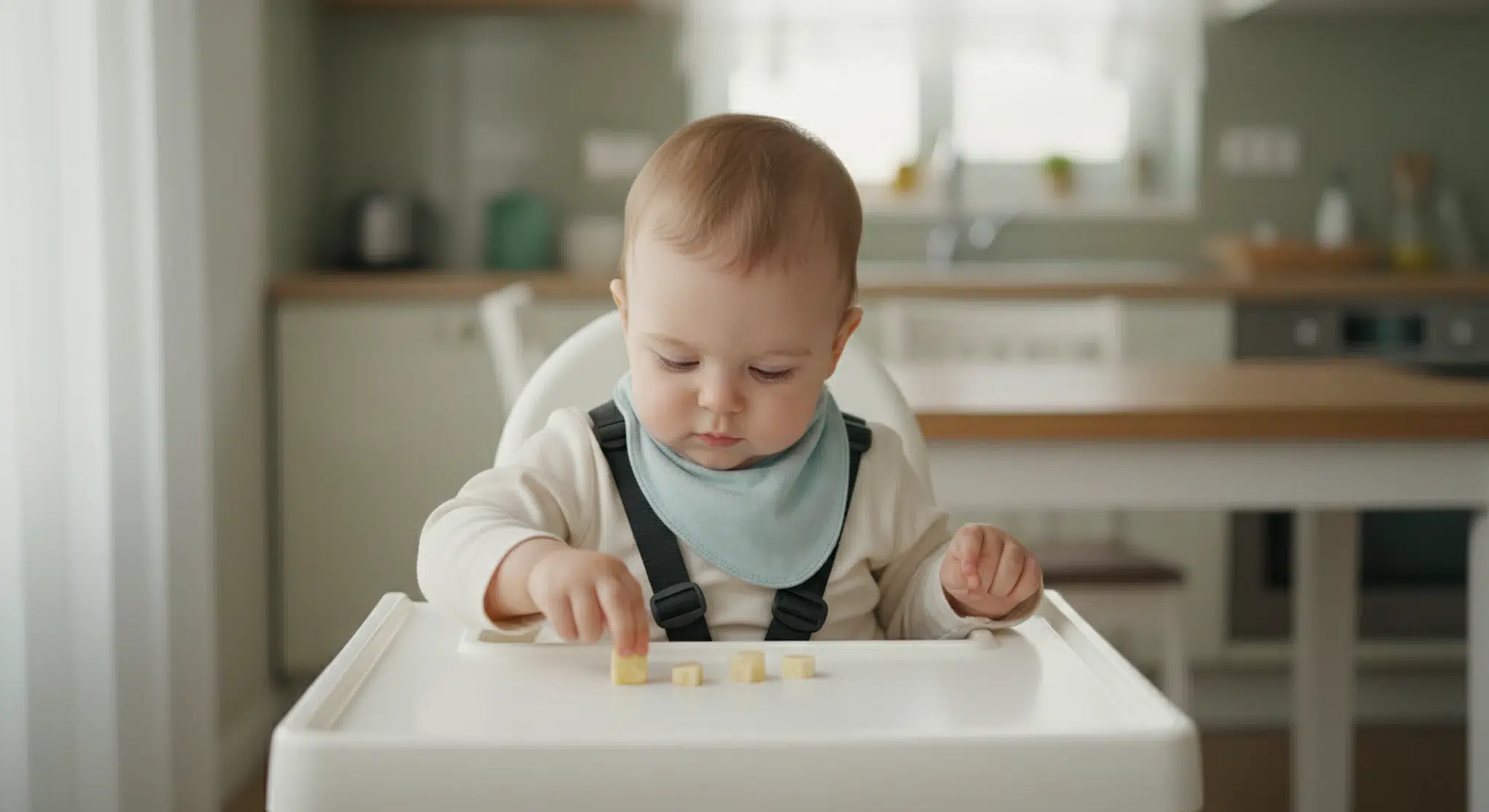 Baby seated in a white high chair at a kitchen table, playing with small wooden blocks on the tray