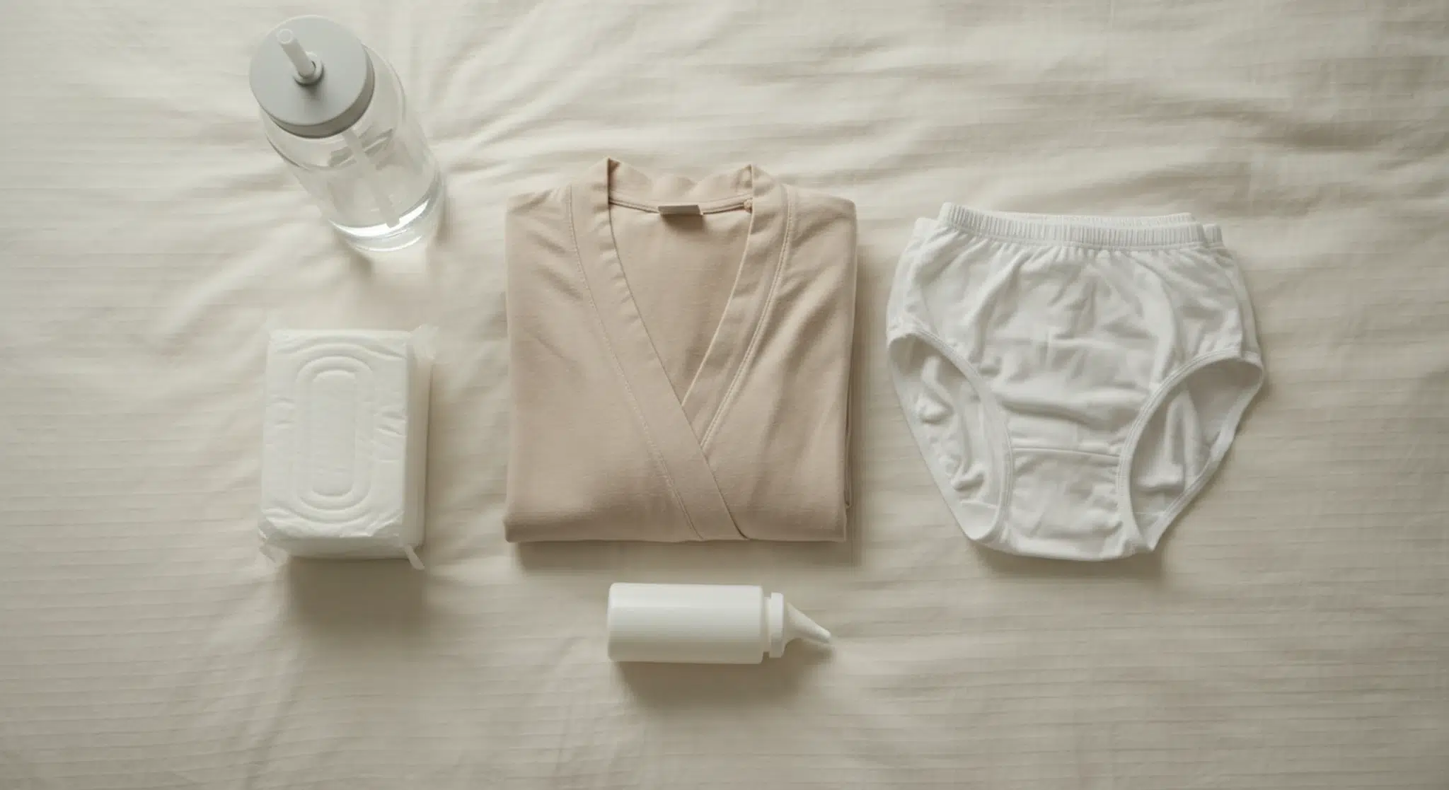 Flat lay of period care kit: folded beige robe, white underwear, sanitary pads, wet wipes, and a bottle on a white sheet.