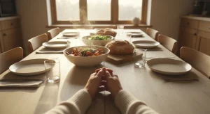 Folded hands at the edge of a dinner table set with bread, roasted vegetables and salad in warm evening light