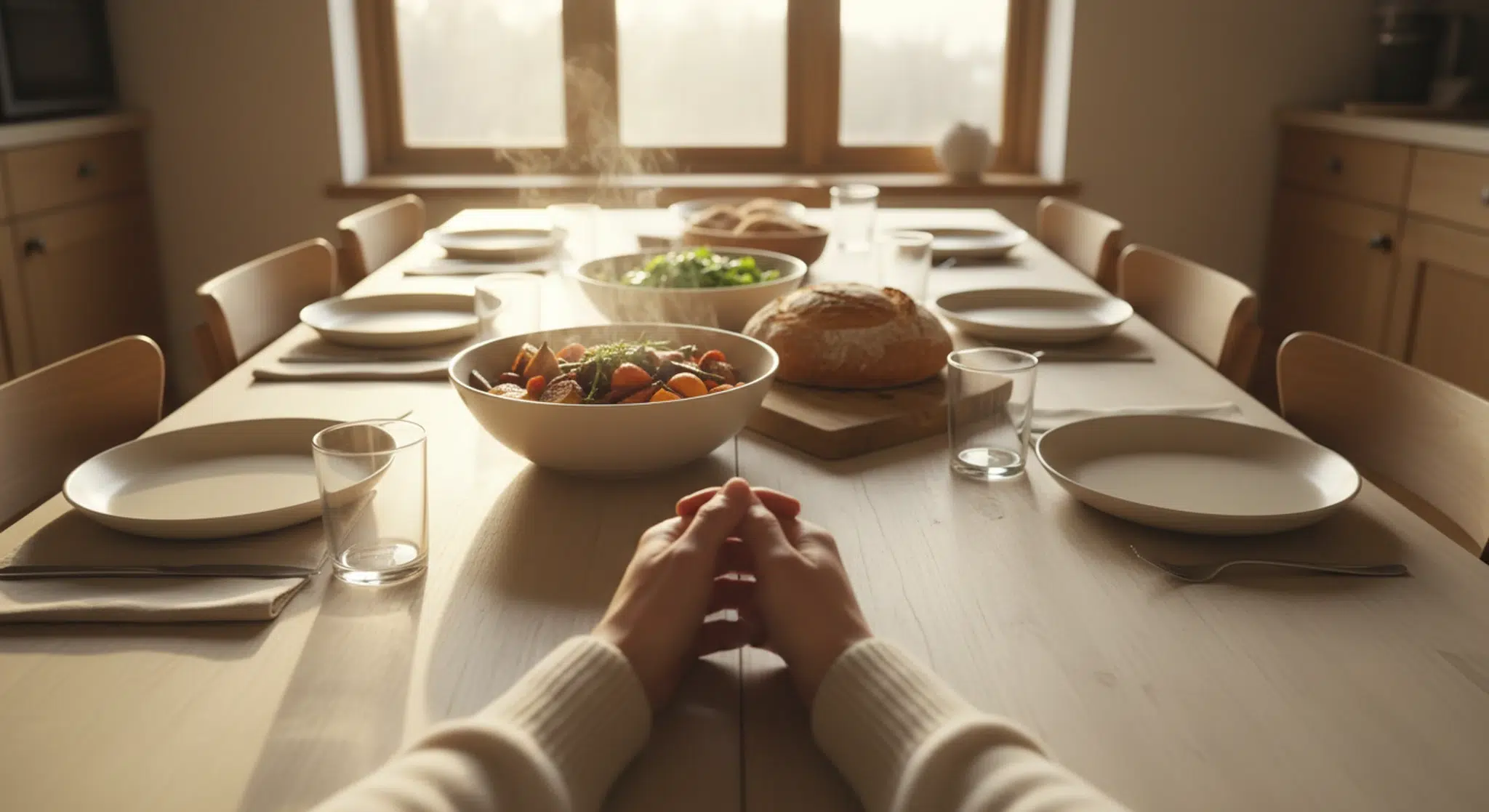 Folded hands at the edge of a dinner table set with bread, roasted vegetables and salad in warm evening light