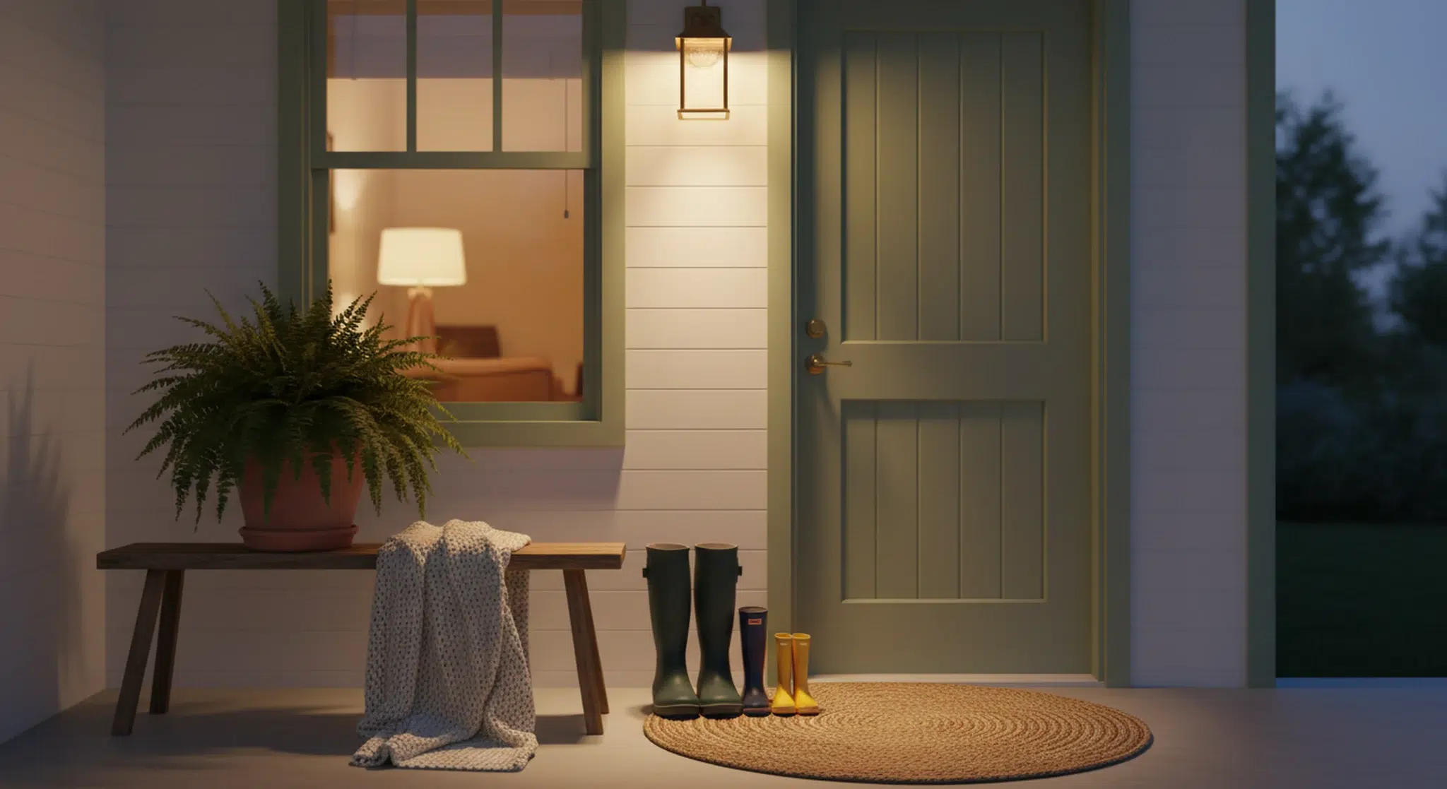 A cozy front porch at dusk with a glowing lantern beside the door and small and large rain boots lined up on the mat