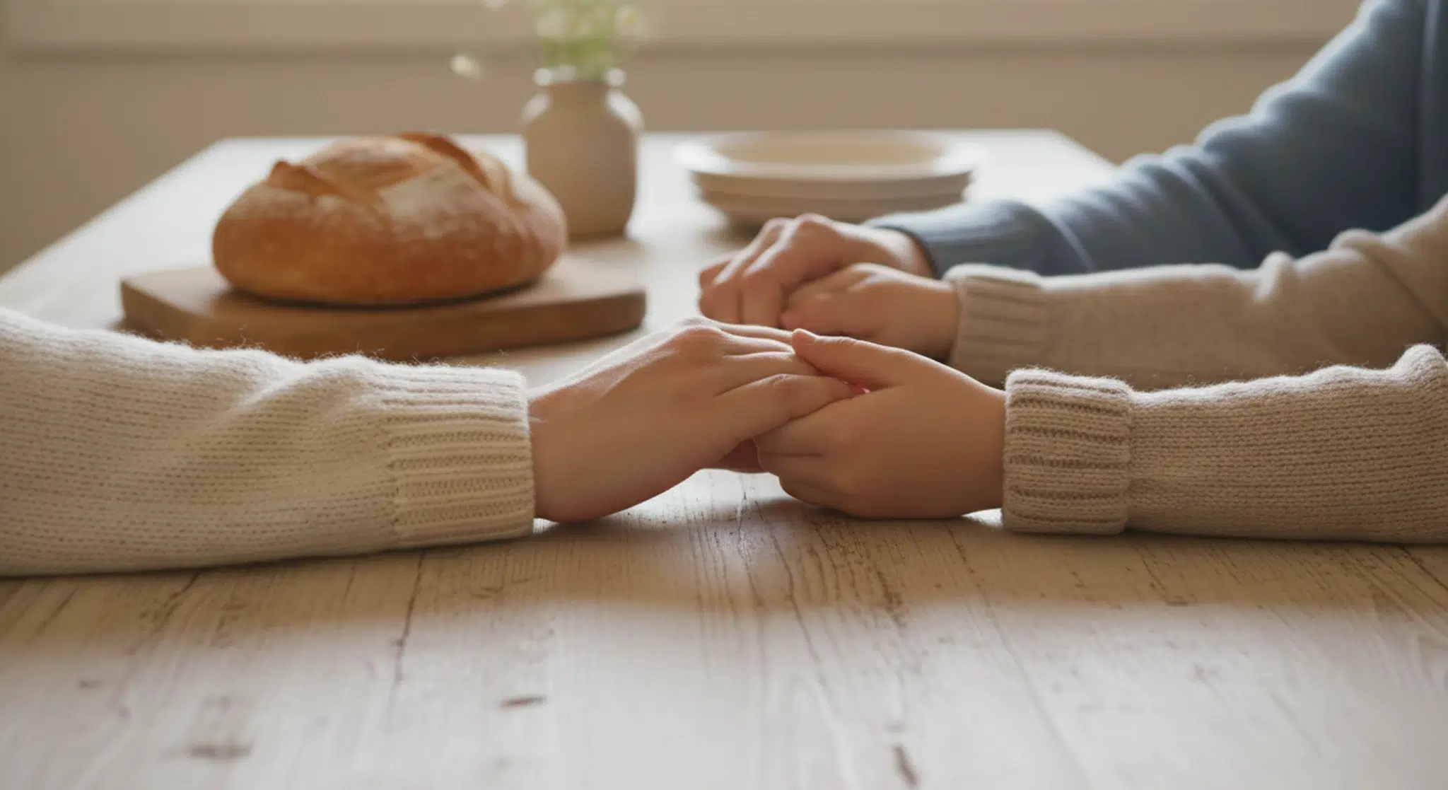 Family members holding hands across a wooden dinner table beside a loaf of bread and a vase of wildflowers in soft window light
