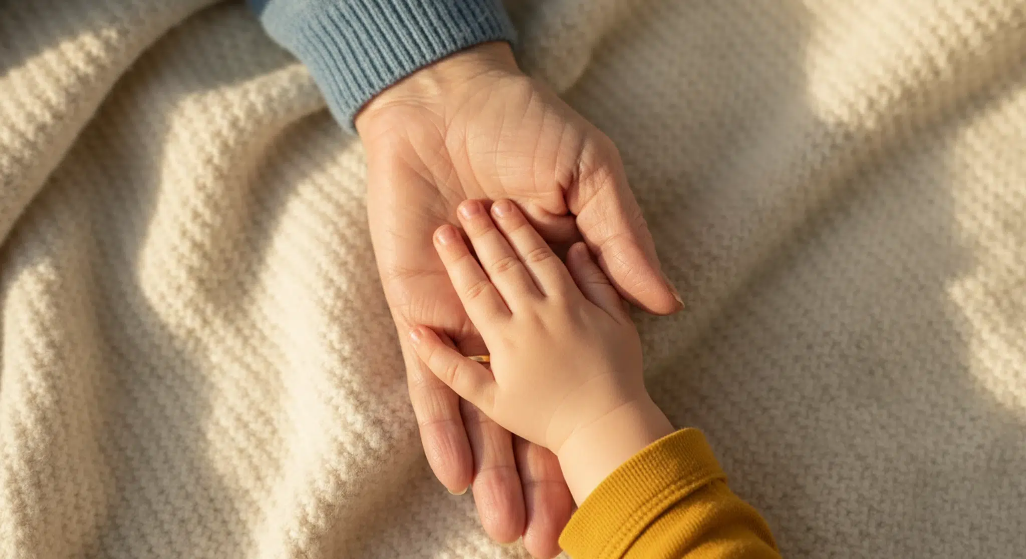 A toddler's small hand resting in a grandmother's open palm on a cream knitted blanket in warm window light
