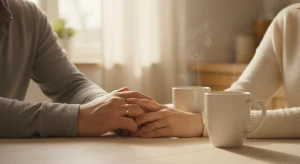 A couple's hands clasped together on a wooden table beside two coffee mugs in soft morning light