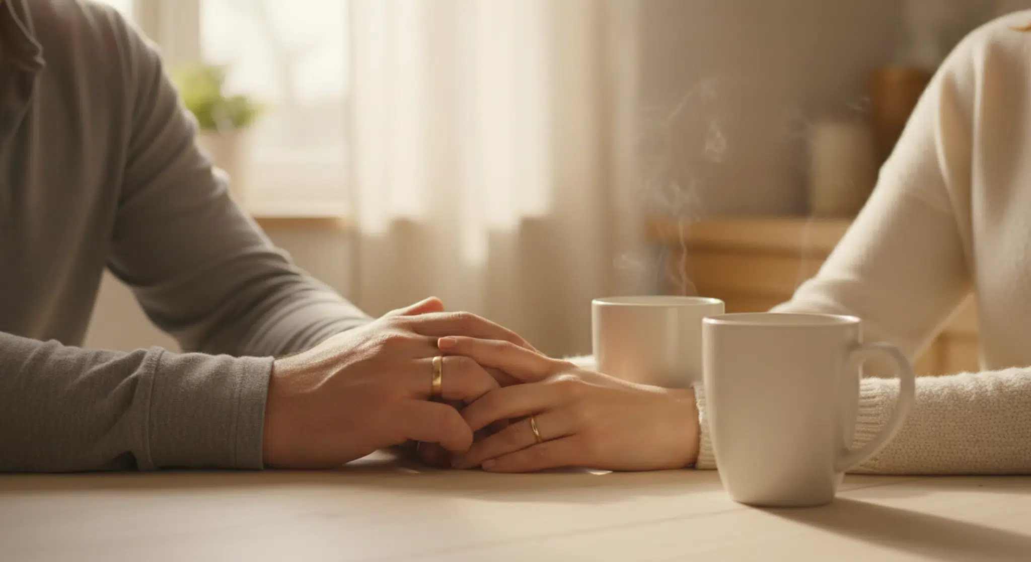 A couple's hands clasped together on a wooden table beside two coffee mugs in soft morning light