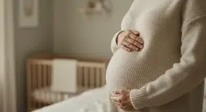 A pregnant woman in a cream knit sweater resting both hands on her belly beside a sunlit window