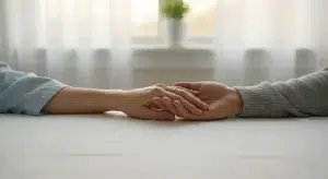 A partner's hand holding an expectant mother's hand on a soft white blanket in calm morning light