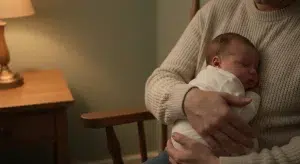 A parent in a soft knit sweater holding a sleeping baby close to their chest beside a warm lamp in a quiet room