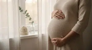 An expectant mother's hands resting gently on her pregnant belly beside a sunlit window, with a small knitted baby hat on the sill