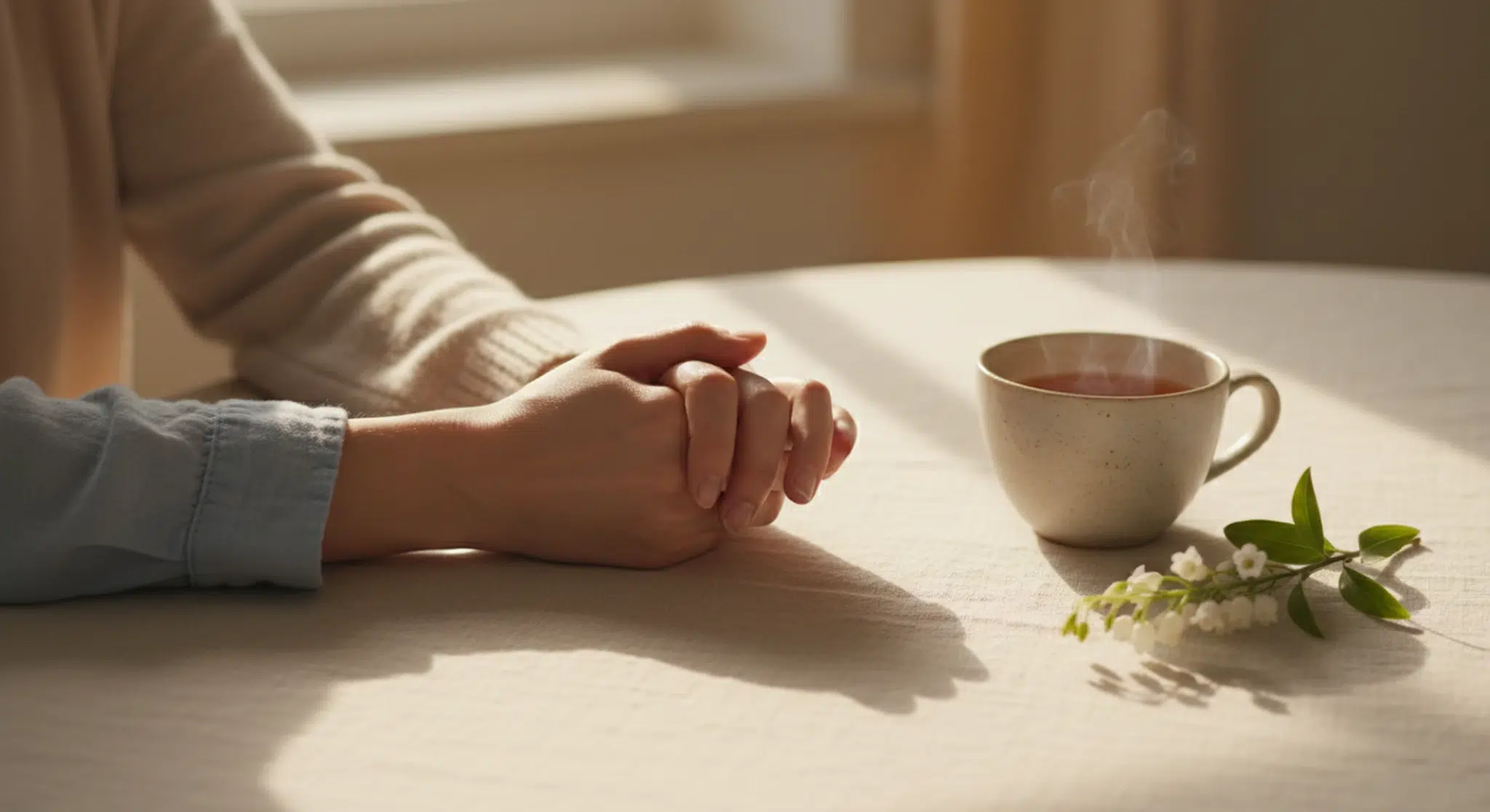 A couple's hands gently clasped together on a linen tablecloth beside a cup of tea in soft morning light