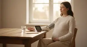 Pregnant woman in a knit sweater calmly checking her blood pressure with a home arm cuff at a kitchen table in morning light