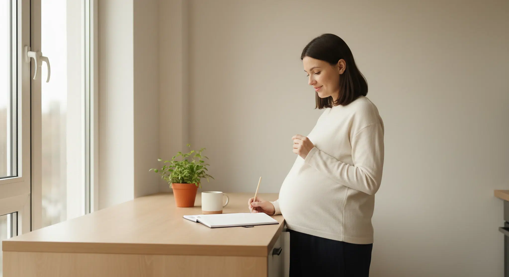 Pregnant woman standing at a kitchen counter, pausing with a pencil over a blank paper planner